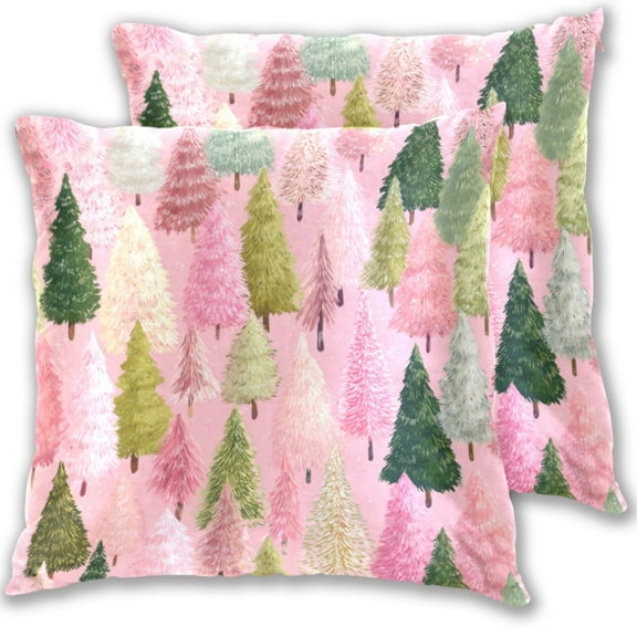 Pink Green Christmas Tree Throw Pillow Covers Pillowcases 16 x 16 Inch Home Decor 2 Packs for Bedroom Sofa