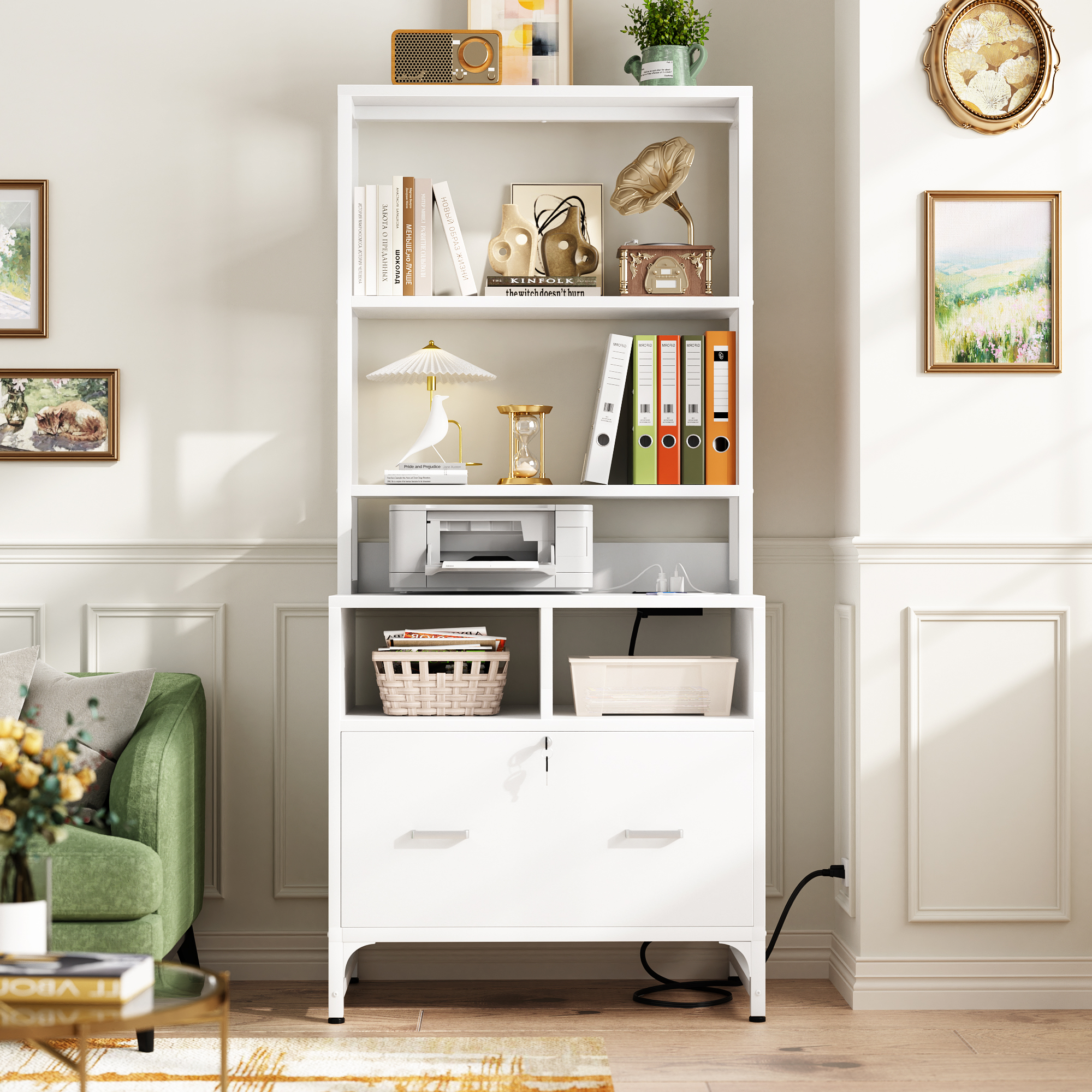 Aheaplus Vertical File Cabinet with Charging Station, Lock & Large Drawer - Printer Stand, Shelves for Letter/A4/Legal,White