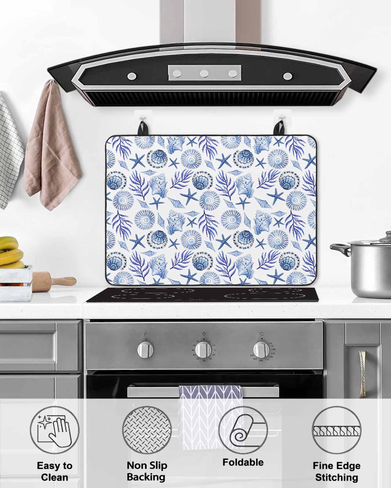 nqOlkjepod Large Induction Cooktop Protector Mat 28.5"x20.5", Blue Beach Conch Stove Top Covers for Electric Stove, Summer Ocean Starfish Coral Shells Stove Burner Cover Mats, Glass Top Stove Cover