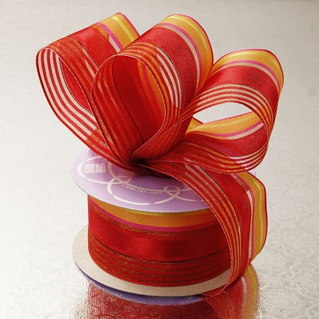Fairy Multi Colored Ribbon Red Orange Satin Sheer 1-1/2 inches x 10 yards Multi Colored Striped Wired Decorative Ribbon ()