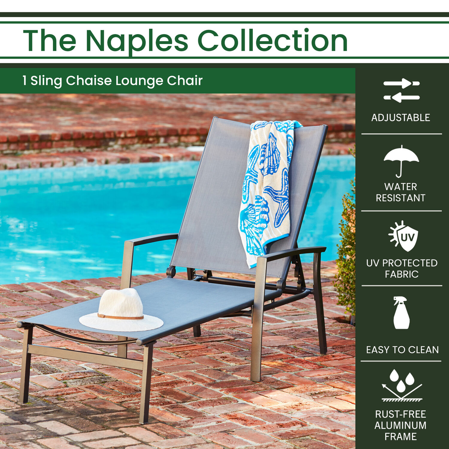 Hanover Naples Outdoor Folding Chaise Lounge Chair with Adjustable Backrest | Patio and Poolside Lounging Chair | UV and Weather-Resistant Sling Fabric | NAPLESCHS-GRY - image 5 of 16