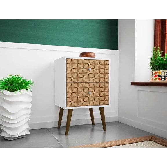 Manhattan Comfort Liberty Mid Century - Modern Nightstand 2.0 with 2 Full Extension Drawers in White and 3D Brown Prints
