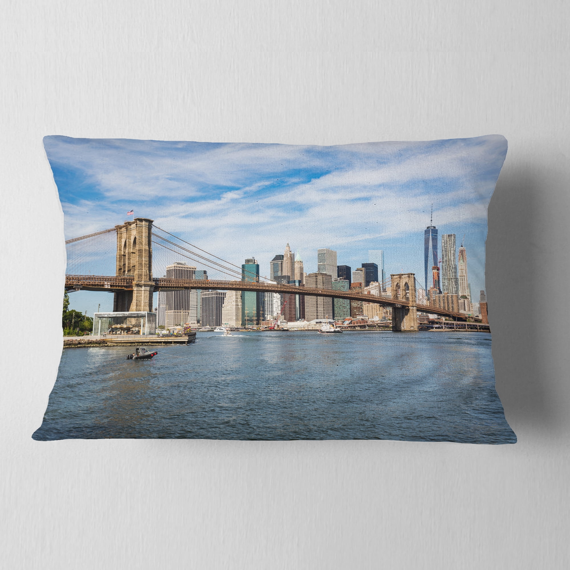 Designart Summer Day Brooklyn Bridge - Cityscape Throw Pillow - 12x20
