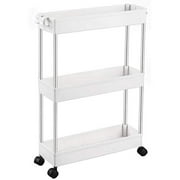 SPACEKEEPER 3 Tier Slim Storage Cart Mobile Shelving Unit Organizer Slide Out Storage Rolling Utility Cart Tower Rack for Kitchen Bathroom Laundry Narrow Places, Plastic & Stainless Steel, White
