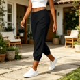 thumbnail image 2 of LEKODE Casual Women's Cotton Linen Jogger Capri Pants Elastic Waist Cropped Tapered Leg Lounge Travel Pants Black 3XL, 2 of 9