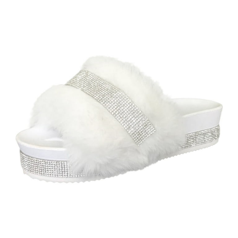 GERsome Women's Rhinestone Fluffy Slippers Platform Slippers