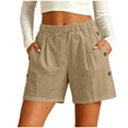 thumbnail image 3 of Women's Soft Stretch Linen-Like Elastic Waist Double Pockets Button-Up Shorts, Lightweight Casual Fabric, Mid Waist Tummy Control, Comfy Summer Essential for Beach Day | TruBelle,Khaki M, 3 of 8