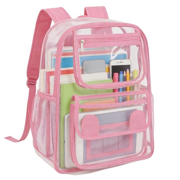 UALSRZL Clear Backpack, Heavy Duty PVC Transparent School Bag with Reinforced Strap, Large Capacity Bookbags for Boys Girls Stadium Approved, Red