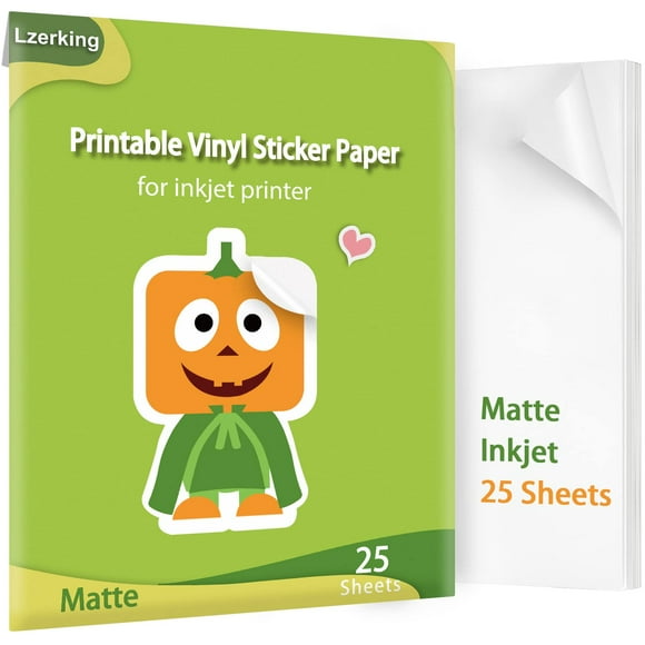 Lzerking Printable Vinyl Sticker Paper - 25 Sheets Matte White Self-Adhesive Waterproof Decal Printable Sticker Paper For Inkjet Printer - Standard Size 8.5X11 Inches Diy Crafts