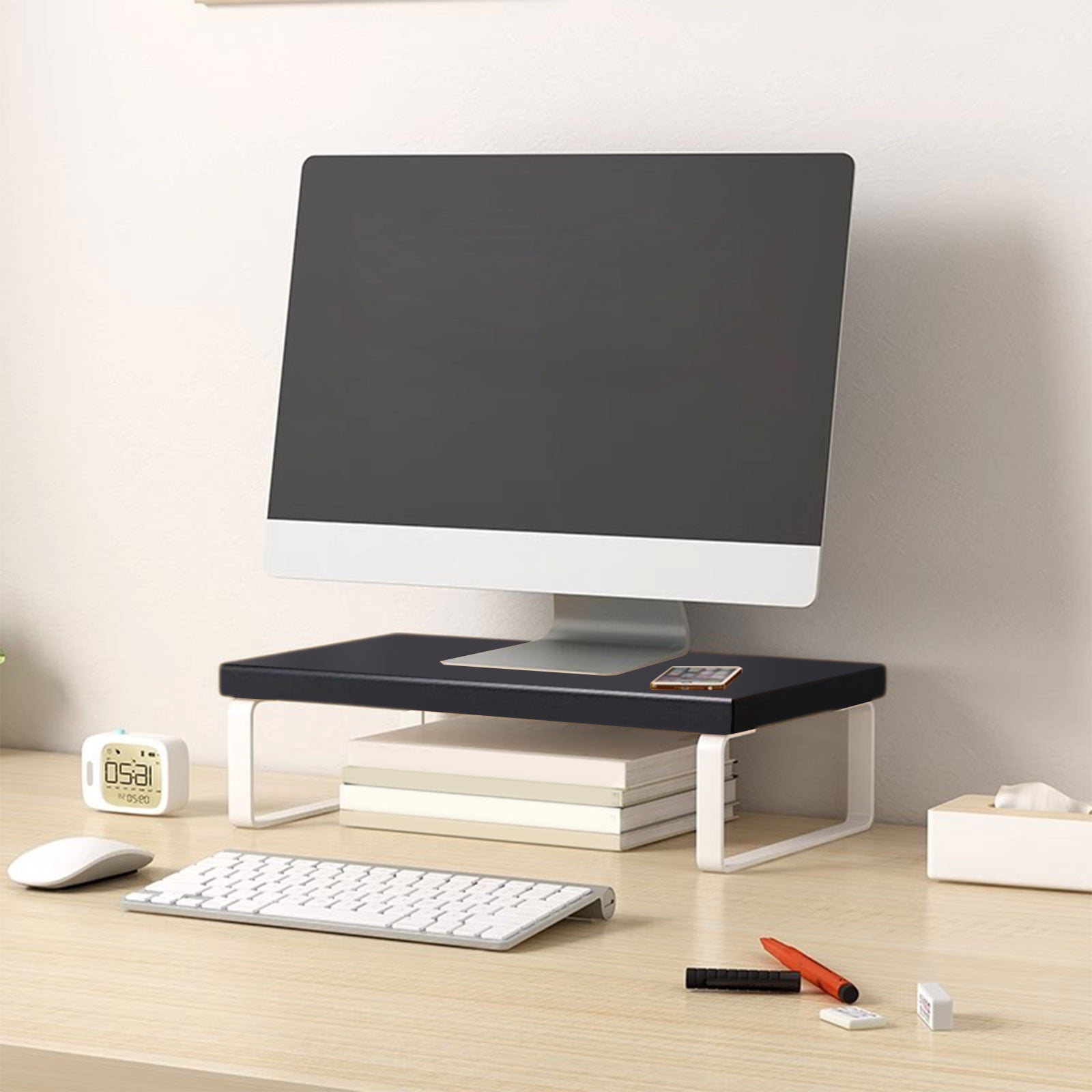 Monitor Riser Stand for Desk with Storage Shelf, Wood Desktop Organizer for Computer Monitor, Laptop, Printer, Home Office Accessories