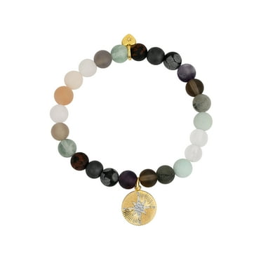 Believe by Brilliance Women's Multi Color Genuine Stone and Cubic Zirconia Star Stretch Bracelet in 14K Gold Flash Plated Brass, 7"