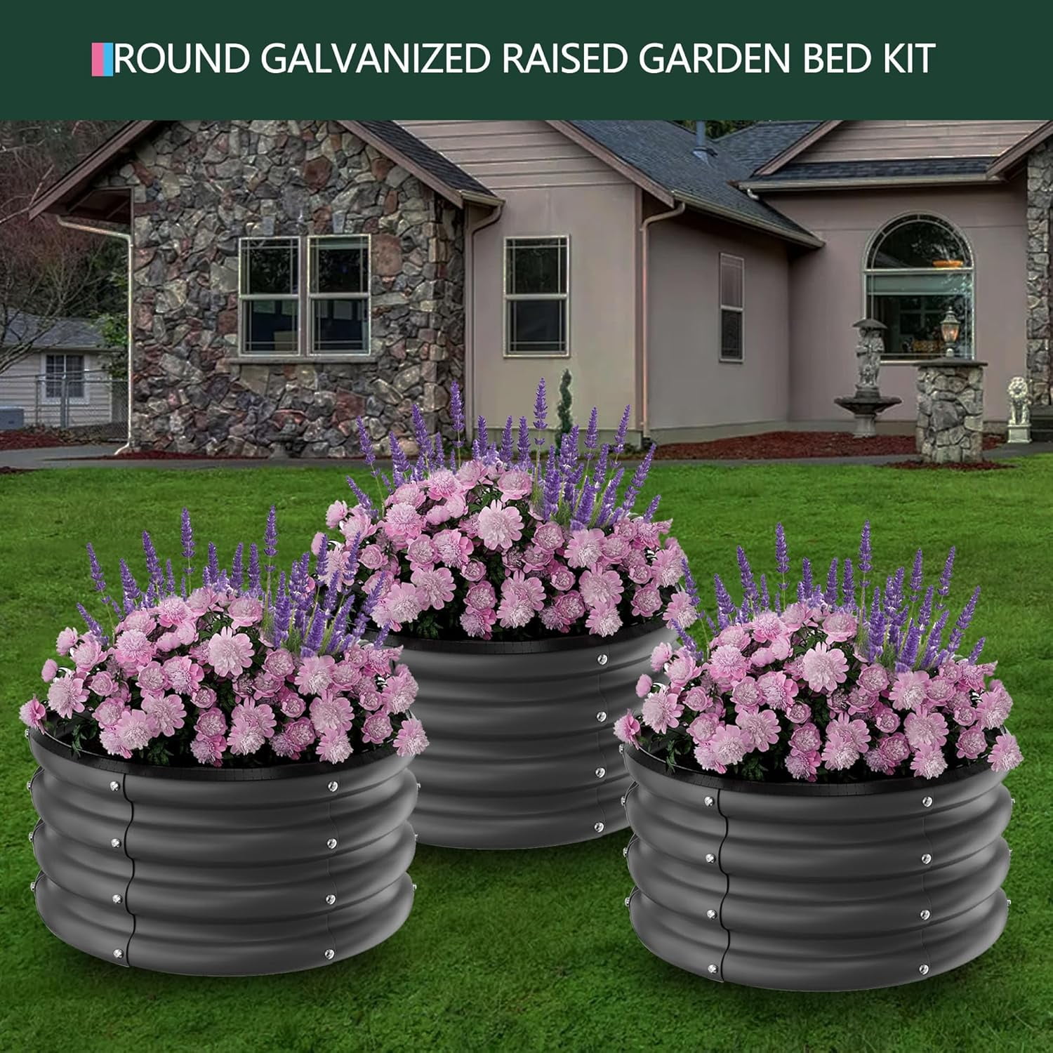 Garvee 3 Pack Round Metal Planters Galvanized Raised Garden Bed 23.62 x 23.62 x 11.02", Black