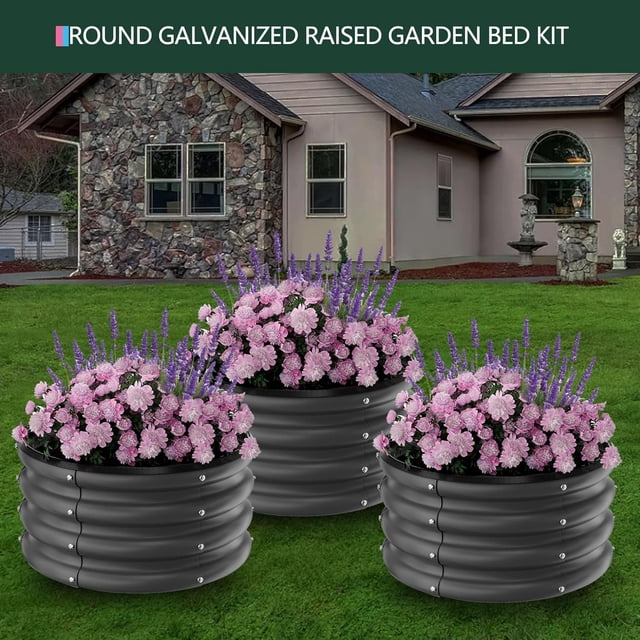 Jardin Surélevé en Acier Galvanisé Robuste, Bac à Plantes Rond de 2 Pi - Résistant à la Rouille, Conception à Fond Ouvert - Idéal pour Légumes, Fleurs et Fines Herbes d'Extérieur - Ensemble de 3