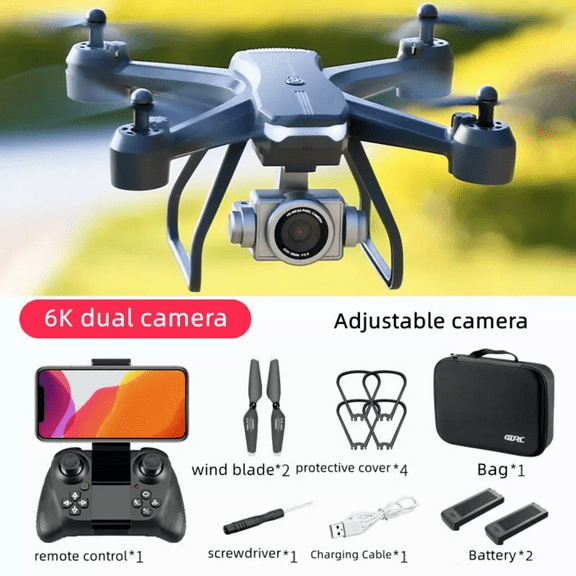 Professional Drone with 6K High-Definition Dual Camera WiFi FPV Portable RC Quadcopter With 2 Batteries, Suitable for Adults/Beginners -Black