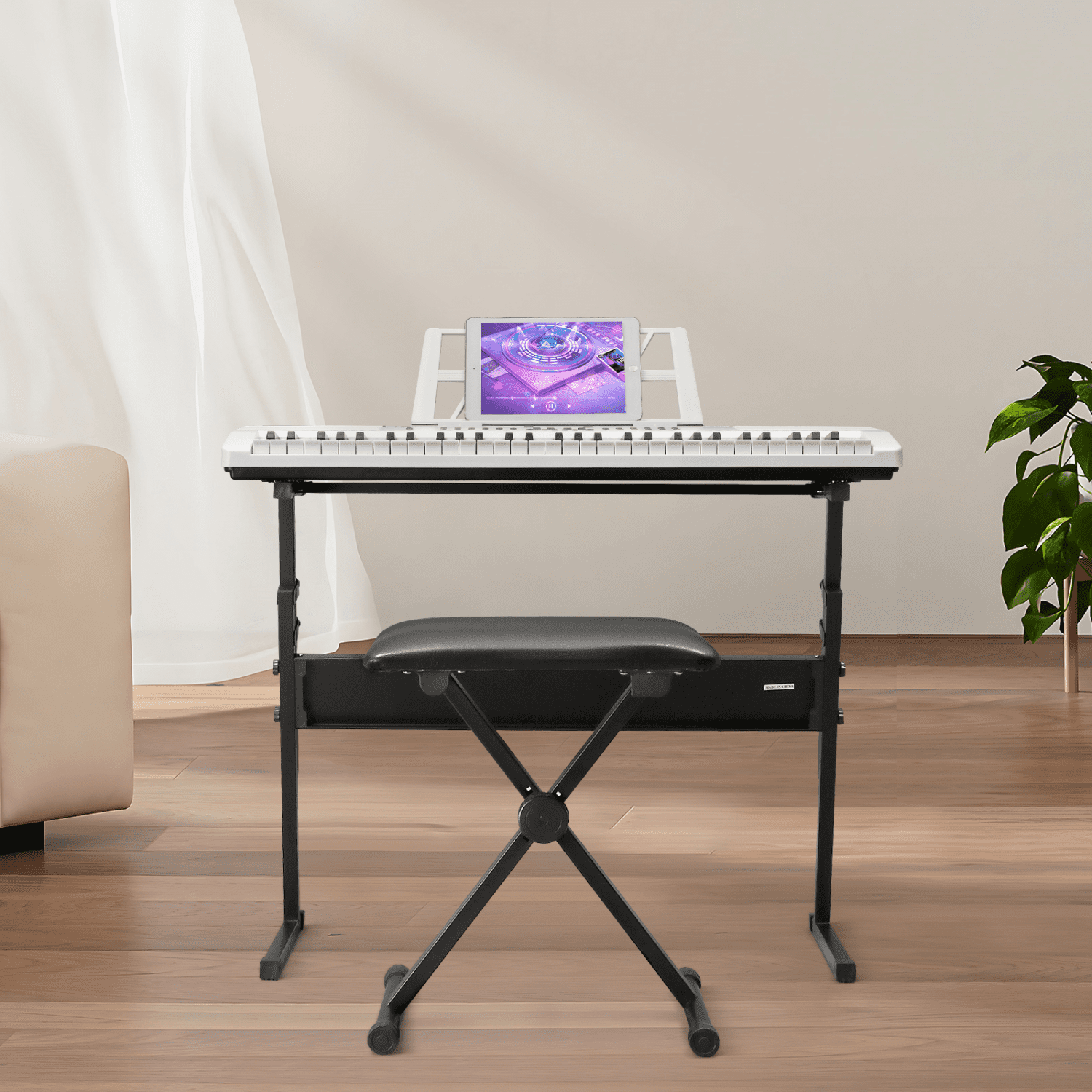 Hassch 61 Key Keyboard Piano for Beginners, Electronic Keyboard Kit with Stand, Bench, Headphone, Microphone, Built-In Speakers, Music Rest, LED Screen, 3 Teaching Modes, White
