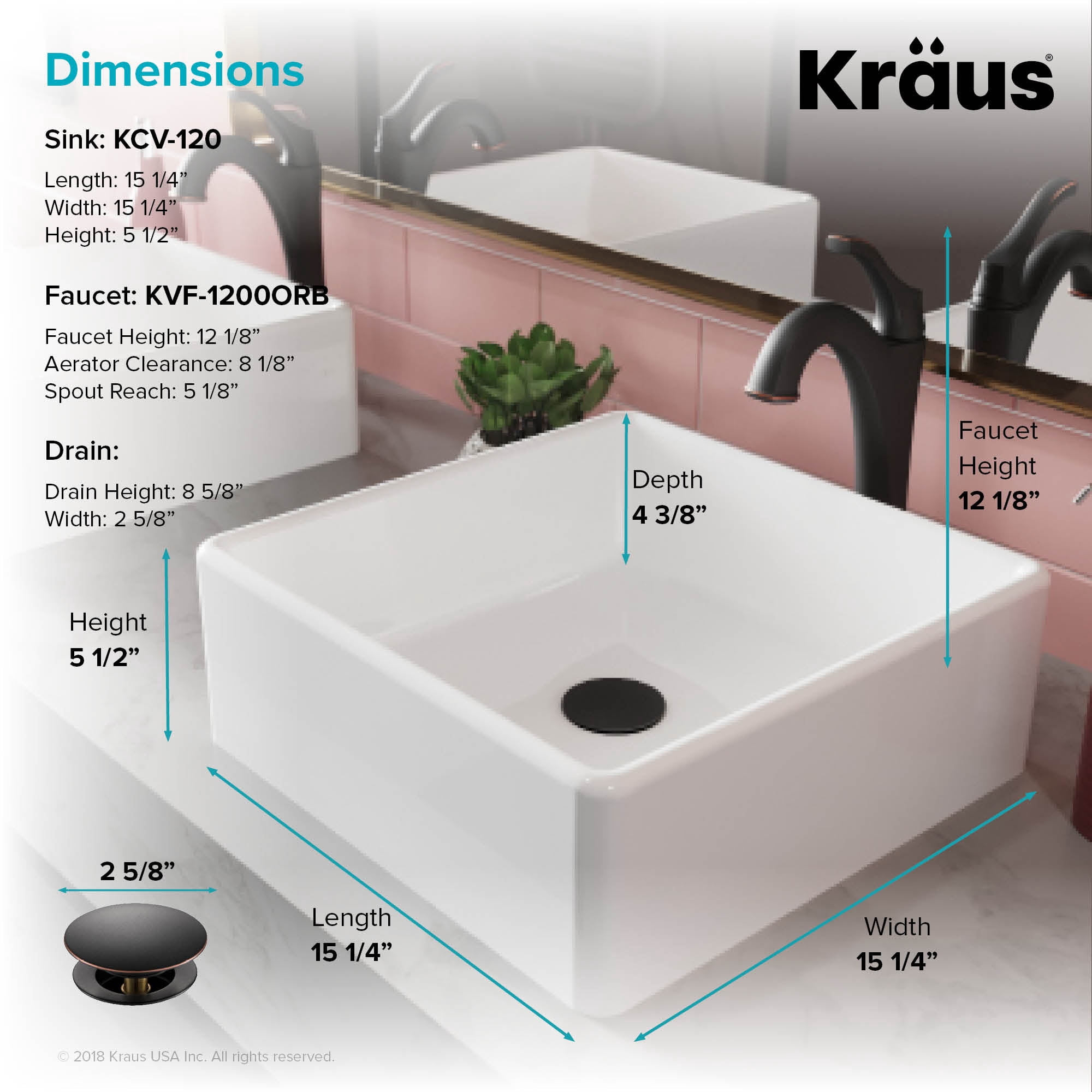KRAUS Elavo 15-inch Square White Porcelain Ceramic Bathroom Vessel Sink and Arlo Faucet Combo Set with Pop-Up Drain, Oil Rubbed Bronze Finish