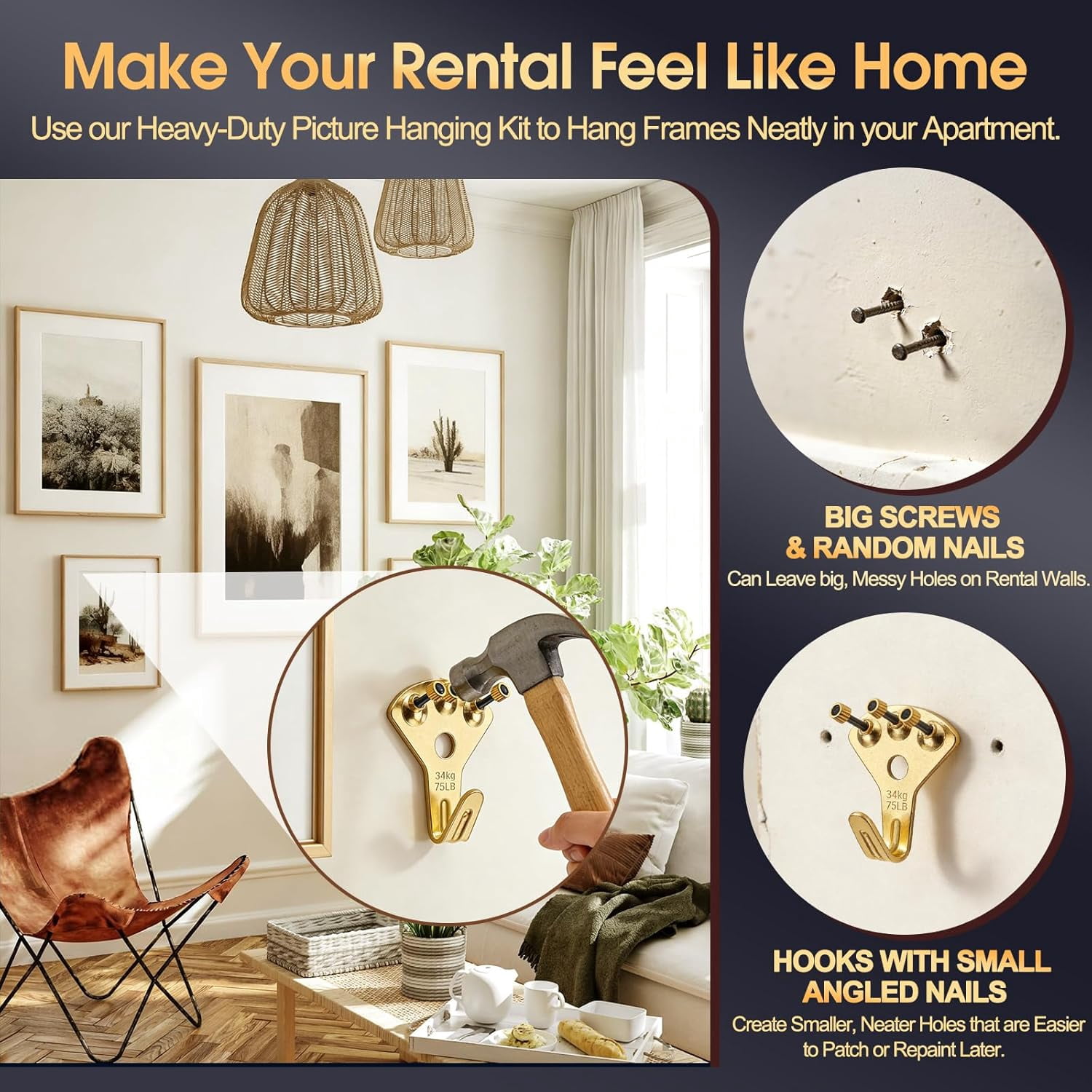 Heavy Duty Picture Hangers Kit, Wall Hanging Hooks with Nails for Drywall & Wood, for Pictures, Clocks, Mirrors, and Home Decor
