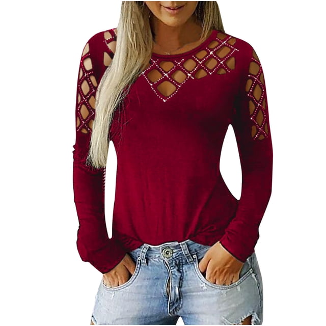 Tallas grandes para mujer Casual O-cuello Tops Manga larga Corte Hollow Out Blusa Camiseta Pompotops gfhjh17751