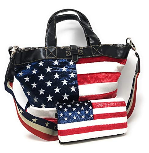 USA Flag Tote Satchel Handbag Wristlet Gift Set for Women Wife Mom Girlfriend