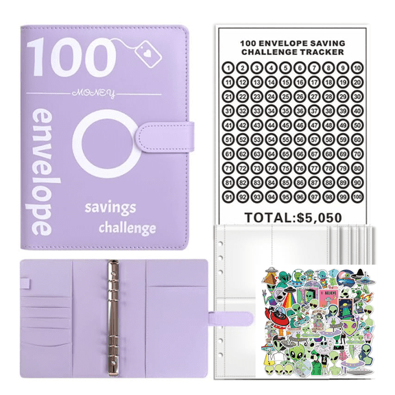 Garayma 100 Envelopes Challenge Binder with 50pcs Stickers Money Saving Challenge Book Plan Budget Save Cash Money Save $5,050 for Parents Lovers Friends Blue
