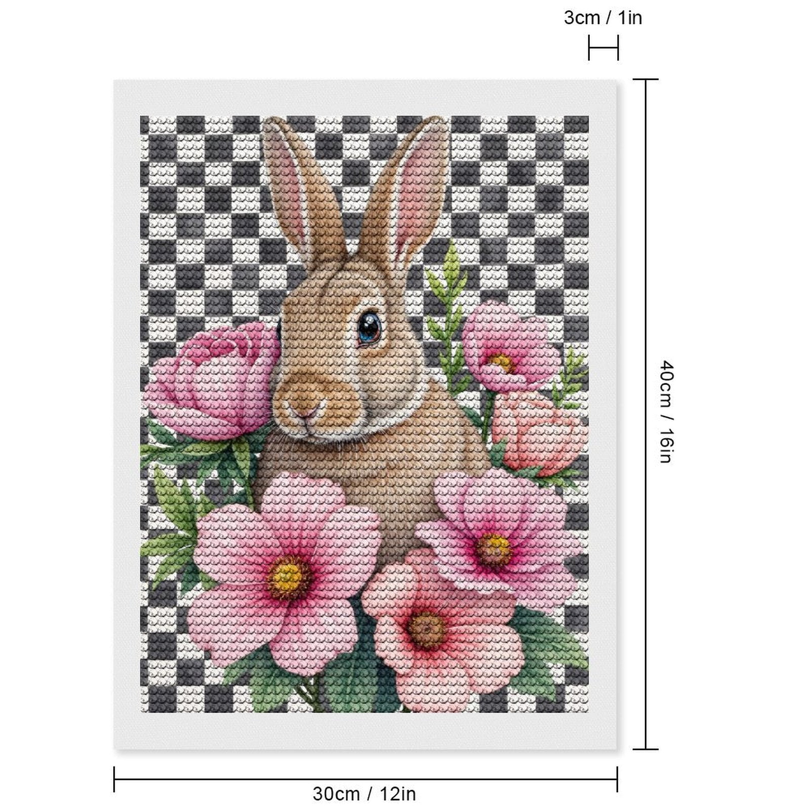Diamond Art Kits for Adults, Rabbit With Pink Flowers Checkered Background 5D Diamond Painting Kits for Adults Beginners, DIY Full Drill Diamond Painting, Gem Art and Crafts 12x16