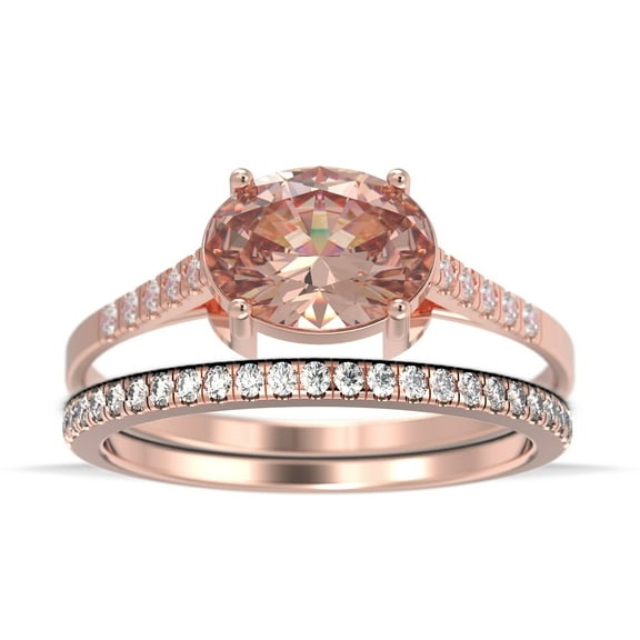 Dazzling Minimal Art Deco 2.00 Carat Oval Cut Morganite And Diamond Moissanite Unique Engagement Ring, Wedding Ring, One Matching Band in 925 Sterling Silver With 18k Rose Gold Plating Gift For Woman