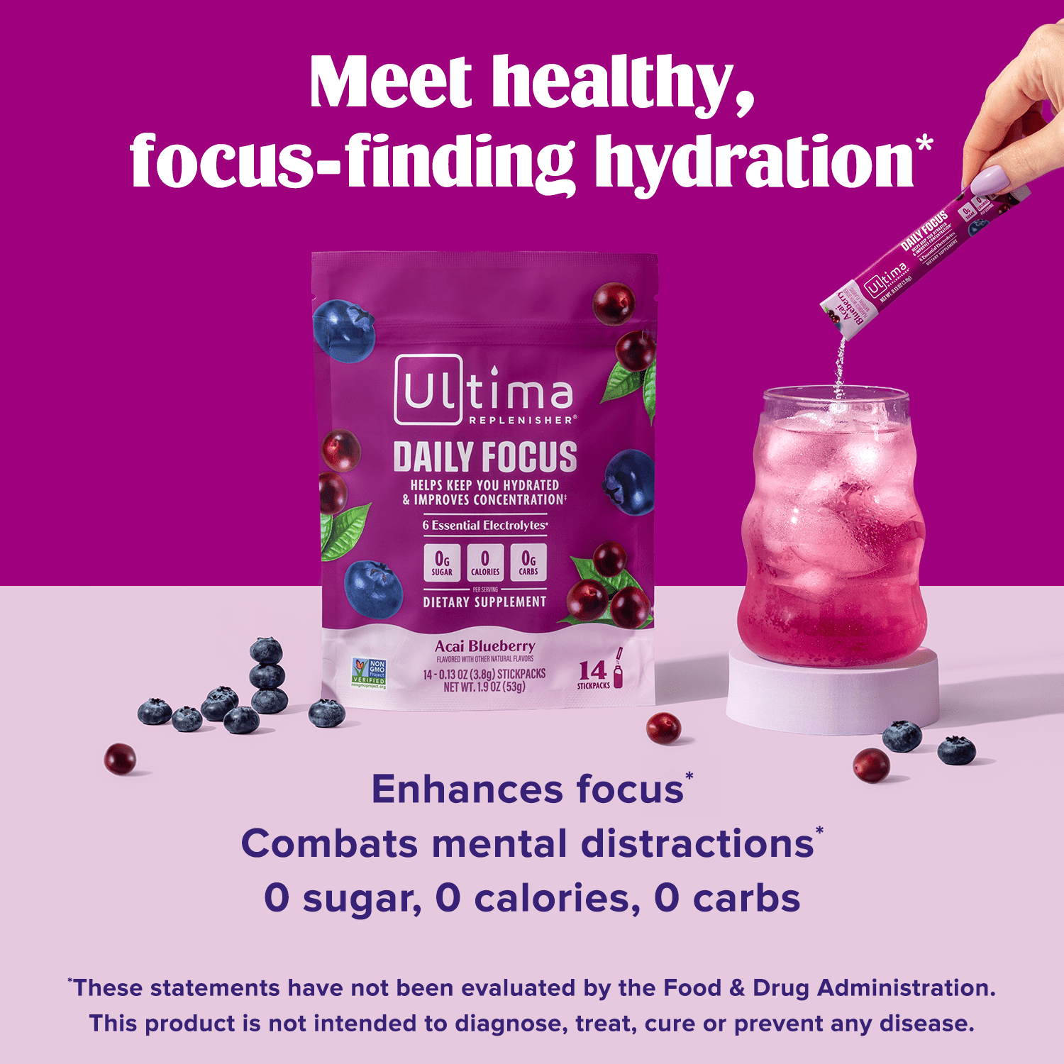 Ultima Replenisher Daily Focus Supplement & Electrolytes Powder - Acai Blueberry, 14 Stickpacks - Hydration Packets, 60mg Caffeine from Green Tea Extract & L-Theanine to Improve Focus & Concentration