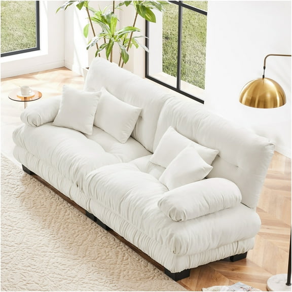 JERFIT Modern Cloud Couch Sofa 2 Seater with Pillows, Plush Chenille Fabric for Living Room, Supportive Lounge Chair, White