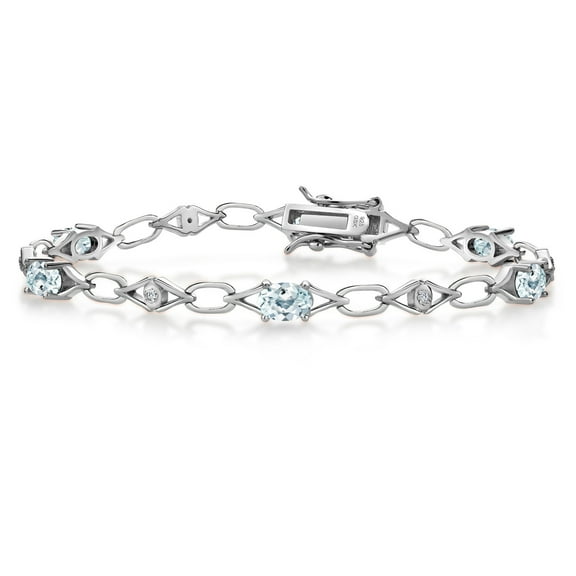 Gem Stone King 925 Sterling Silver Sky Blue Aquamarine and Round White Lab Grown Diamond Tennis Bracelet for Women (3.04 Cttw, Gemstone Birthstone, Oval 6X4MM, 7.25 inches)