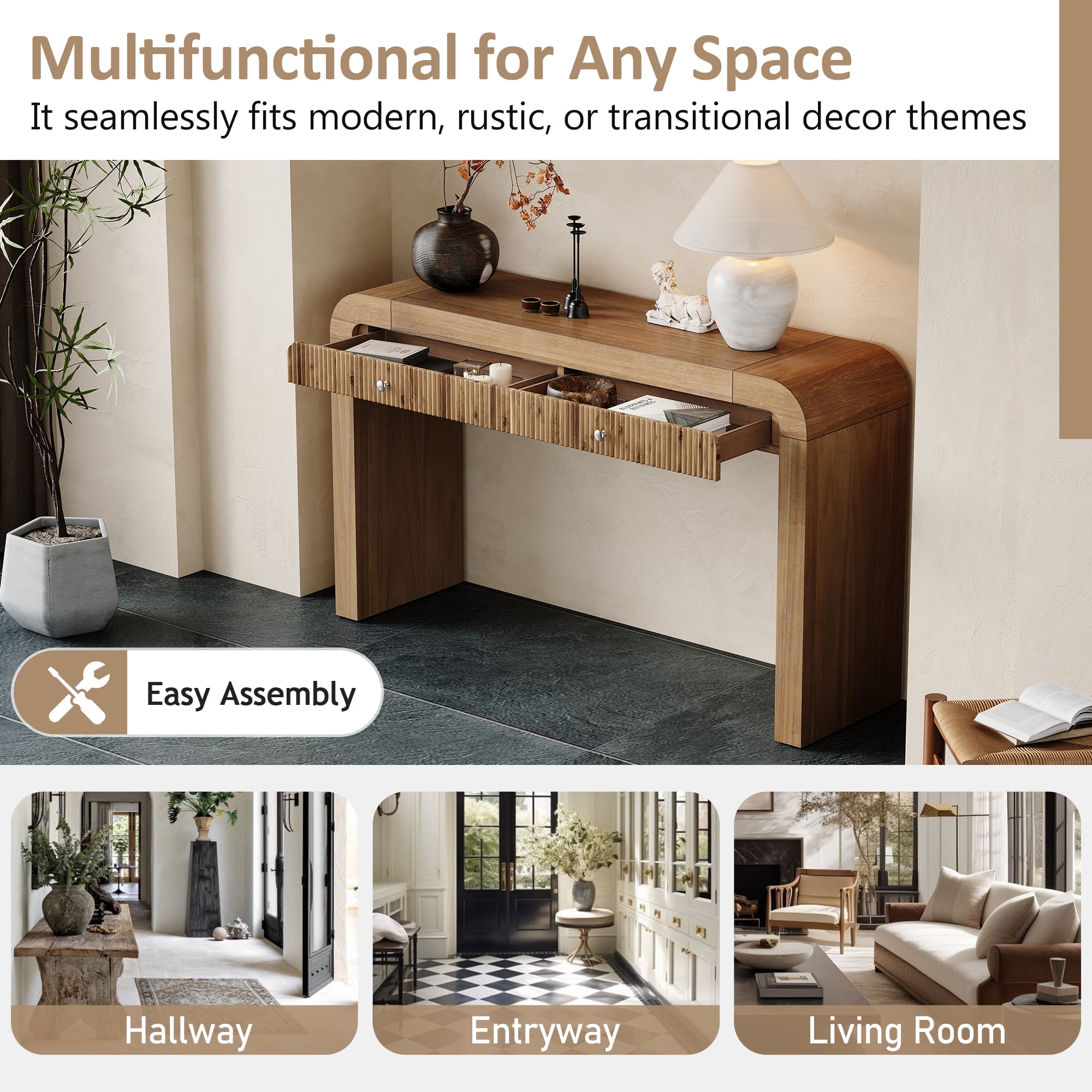 Harper & Bright Designs Wood Console Table with Storage , Flutde Entryway Table with Curved Corners for Hallway & Living Room , Natural