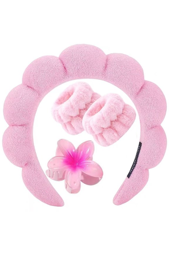 4-piece set of egg flower clips, face wash and spa moisture-proof wristbands, cloud-shaped sponge hairbands, cute spa headbands for washing, skincare, makeup, and fashion gifts for women and girls.