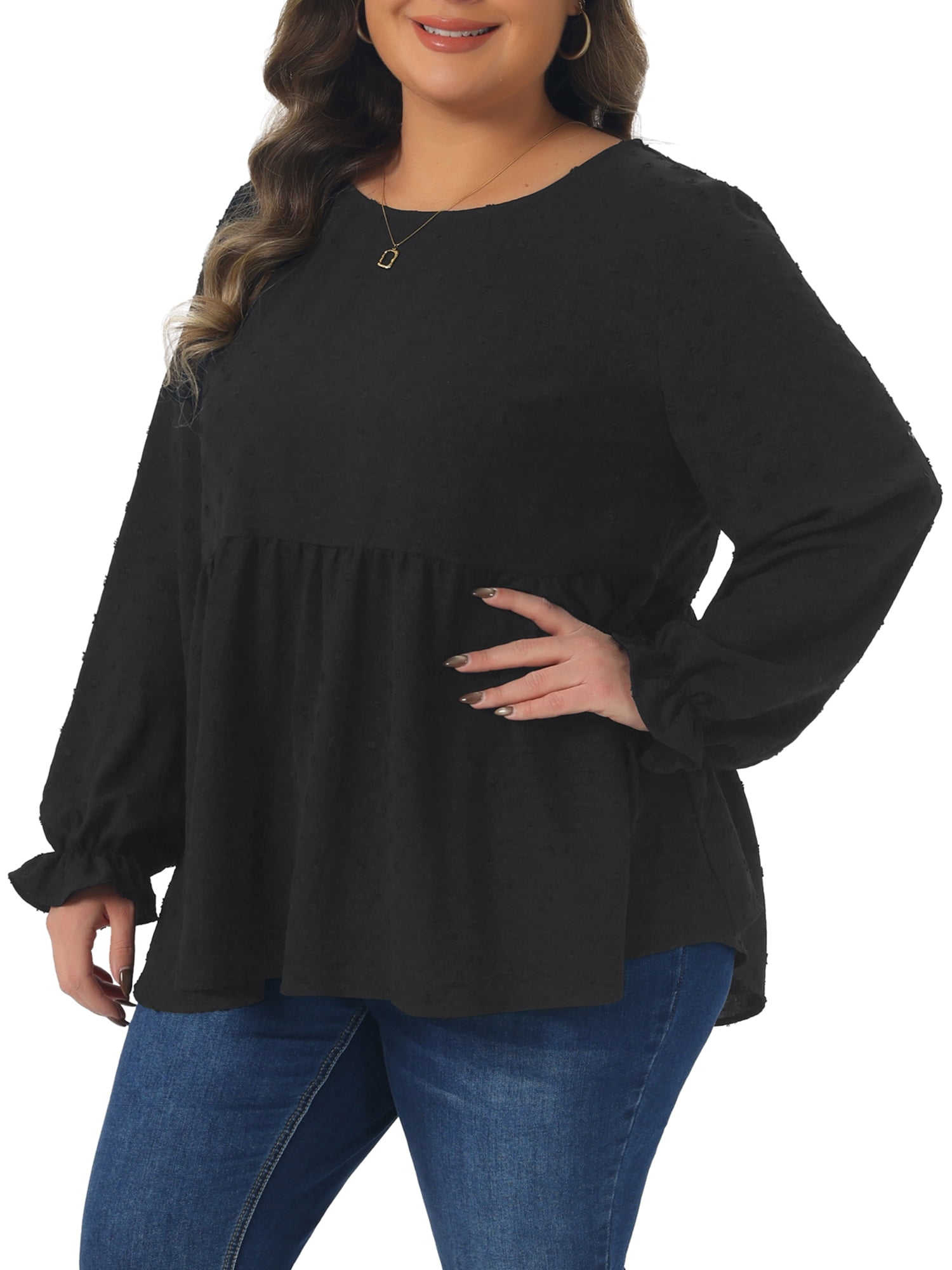 DARING DIVA Women's Plus Babydoll Round Neck Tiered Swiss Dots Blouse 1X Black