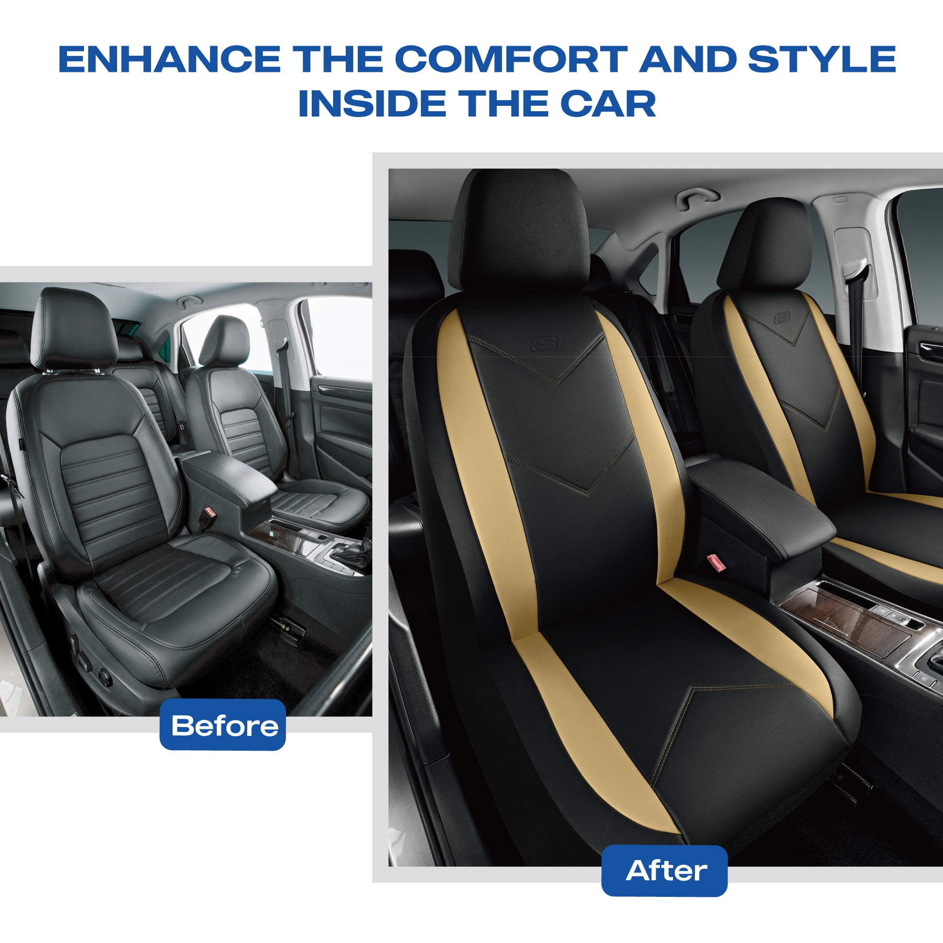 Skechers Leather Mesh Full Set Car Seat Cover – Premium Comfort with Breathable Mesh Panels, Durable Leather Construction, Universal Fit for Cars, Trucks, and SUVs - Beige