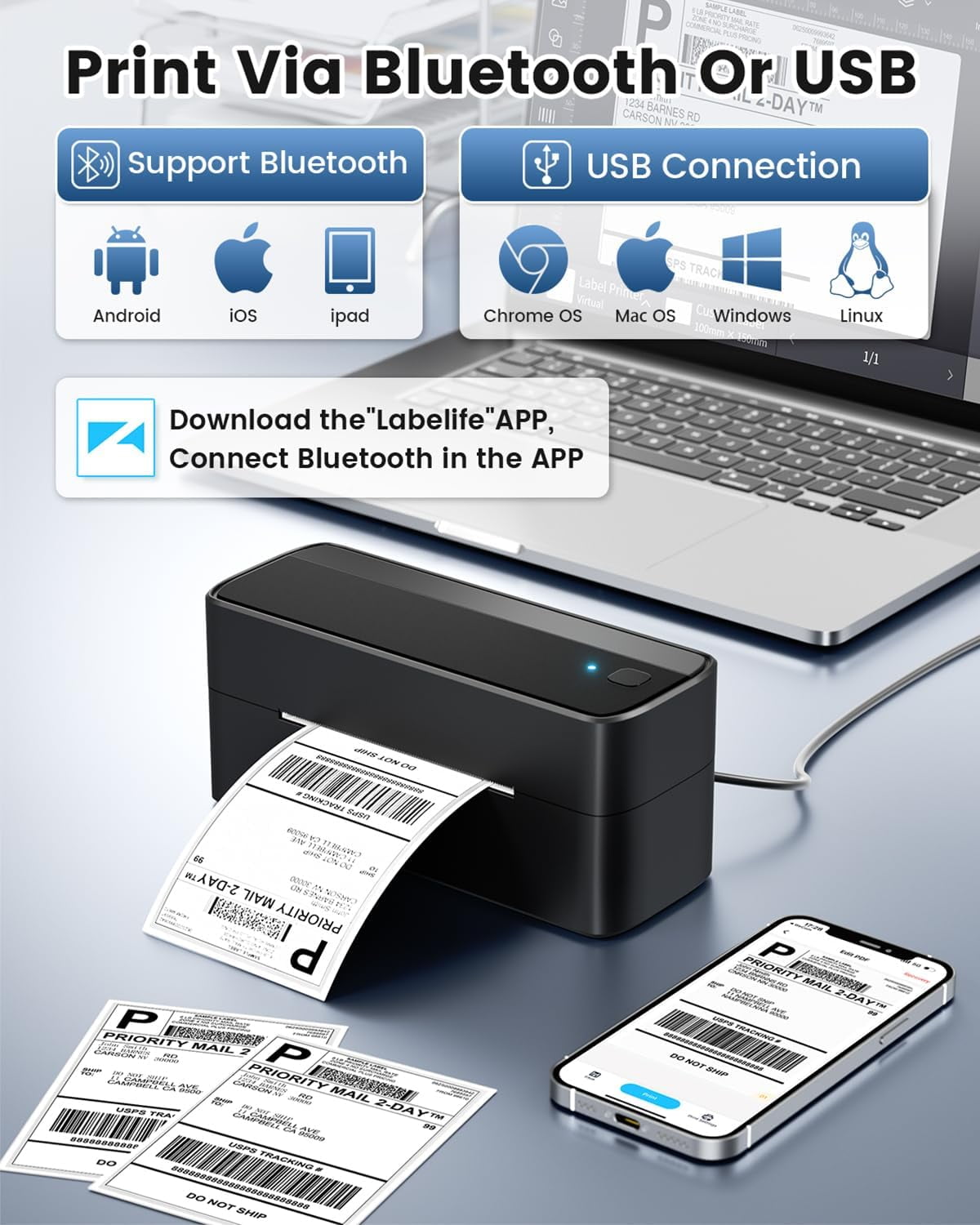 Bluetooth Shipping Label Printer, 241BT 4X6 Wireless Thermal Label Printer for Small Business, Labels Printers for Shipping Package, Compatible with iPhone, Android, Amazon, Shopify, Black