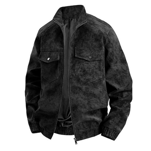 Dagegui Men's Faux Suede Bomber Jackets Vintage Biker Racing Moto Coats Full Zip Up Stand Collar Streetwear Outwear with Pocket Black XXL
