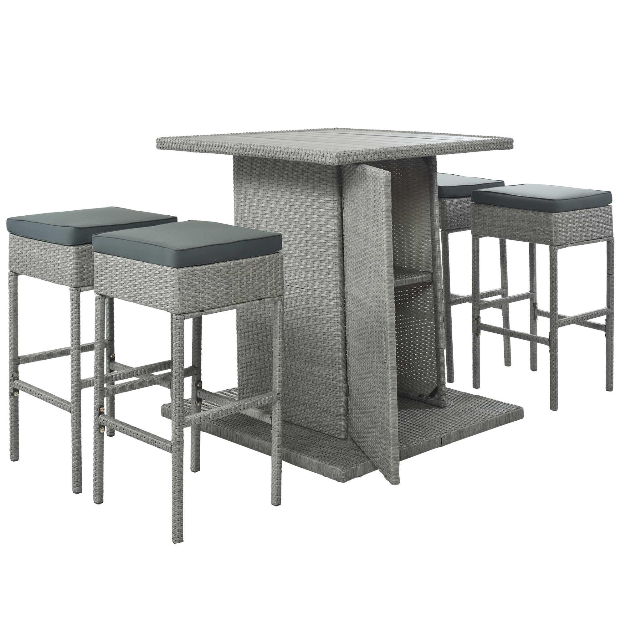 5 Piece Outdoor Patio Height Bar Dining Table Sets, 41'' Hight Outdoor Patio Funiture Table Set with 4 Chairs and Cushions, Kitchen Table with Storage Shelf for Backyard, Poolside, Grey Wicker, S5984 - image 4 of 10