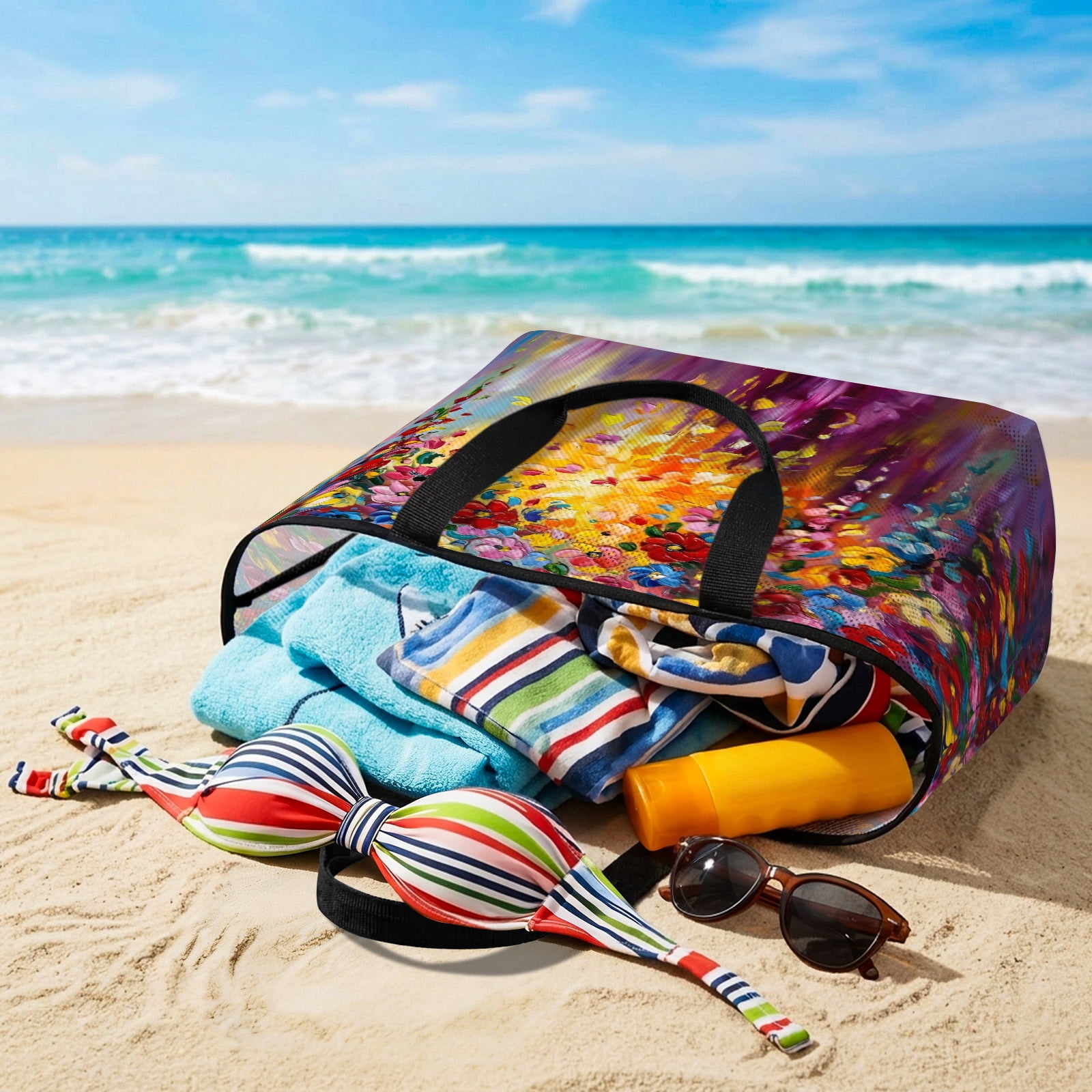Purple Floral Beach Bag for Women, Large Breathable Mesh Beach Tote Bag, Modern Abstract Art Flowers Sandproof Lightweight Travel Bags for Vacation Picnic Swimming Pool 15.7"x15.7"x9.1"