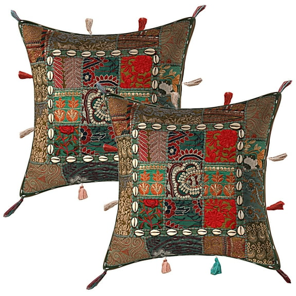 Stylo Culture Ethnic Decorative Throw Pillow Covers 17 x 17 Embroidered Patchwork Cowry Sea Shell Tassels Dark Green Bohemian 43x43 cm Living Room Cotton Floral Square Cushion Covers | Set Of 2