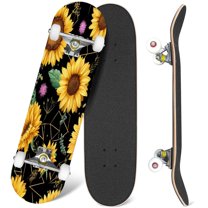 31'' Complete Skateboard 7 Layer Canadian Maple Double Kick Deck Skateboards golden polygonal shapes sunflowers watercolor style Skate Board for Beginner Adult Gifts