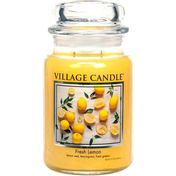 Village Candle Fresh Lemon, Large Glass Apothecary Jar Scented Candle, 21.25 oz, Yellow
