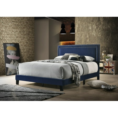 Best Quality Furniture Upholstered Panel Bed Navy Blue or Gray in Multiple