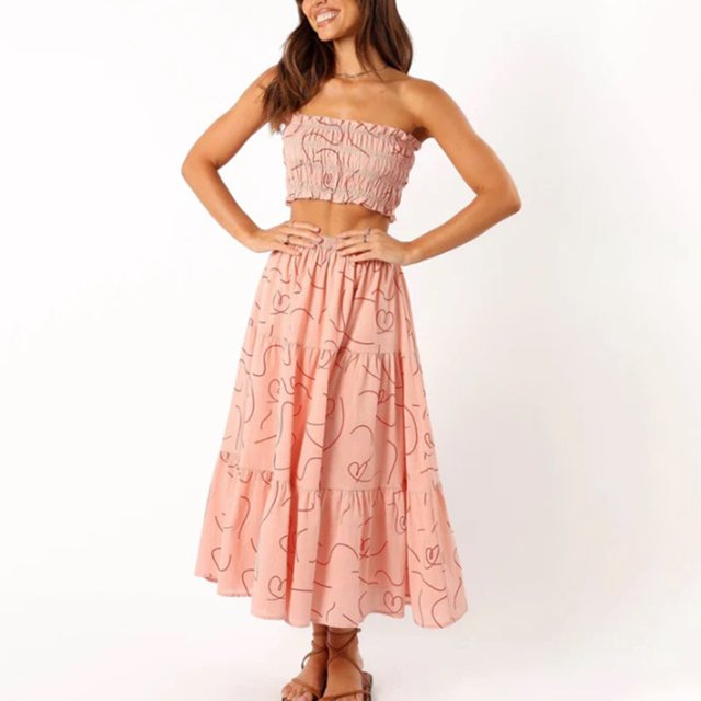 WILLBEST Drop Waist Dress Women Women's Two Piece Pattern Print Outfits Off Shoulder Ruched Bandeau Tube Tops Long Flowy A Line Skirt Boho Set