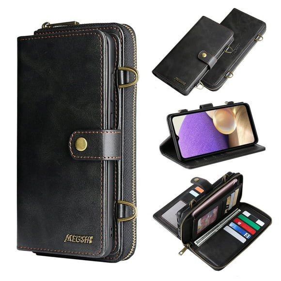 For iPhone 14 Max Wallet Case Multi-Function Wallet Case Magnetic Wallet Flip Strap Zipper Card Holder Phone Case with Shoulder Straps