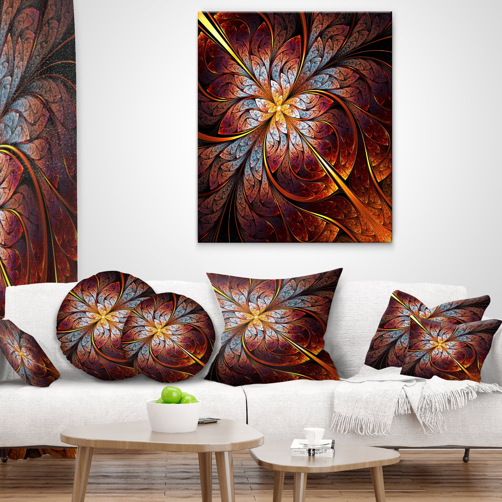 Designart Fractal Flower Red and Blue - Floral Throw Pillow - 16x16