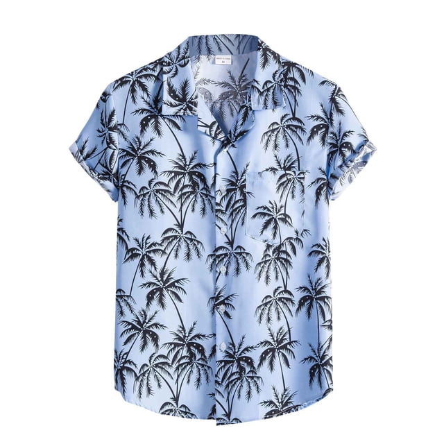 Chemise à Manches Courtes pour Homme Mode Homme Ethnique à Manches Courtes Décontractée Imprimée Chemise Hawaïenne Blouse T-shirt de Couleur Bleu Pâle avec Imprimés de Palmier Noir. la Chemise Présente un Col à Brins, des Manches Courtes et une Poche avant. Fabriquée en polyester, Elle Est Conçue pour un Usage Décontracté, Quotidien Ou de Fête pendant l'Été, le Printemps Ou l'Automne.