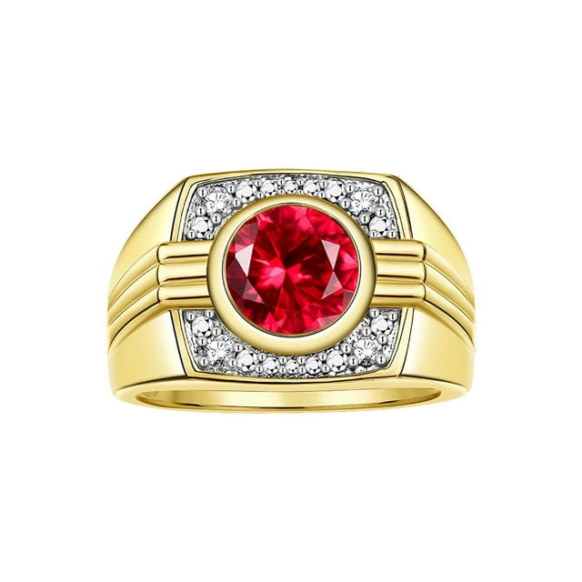 RYLOS Mens Rings 14K Yellow Gold Designer Round Gemstone & Sparkling Diamond Ring Ruby July Birthstone Rings For Men, Men's Rings, Gold Rings Sizes 8 - 13
