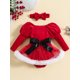 thumbnail image 2 of Conjunto navideño de terciopelo con ribete de piel para niñas pequeñas, mono de Papá Noel y diadema, 2 of 6