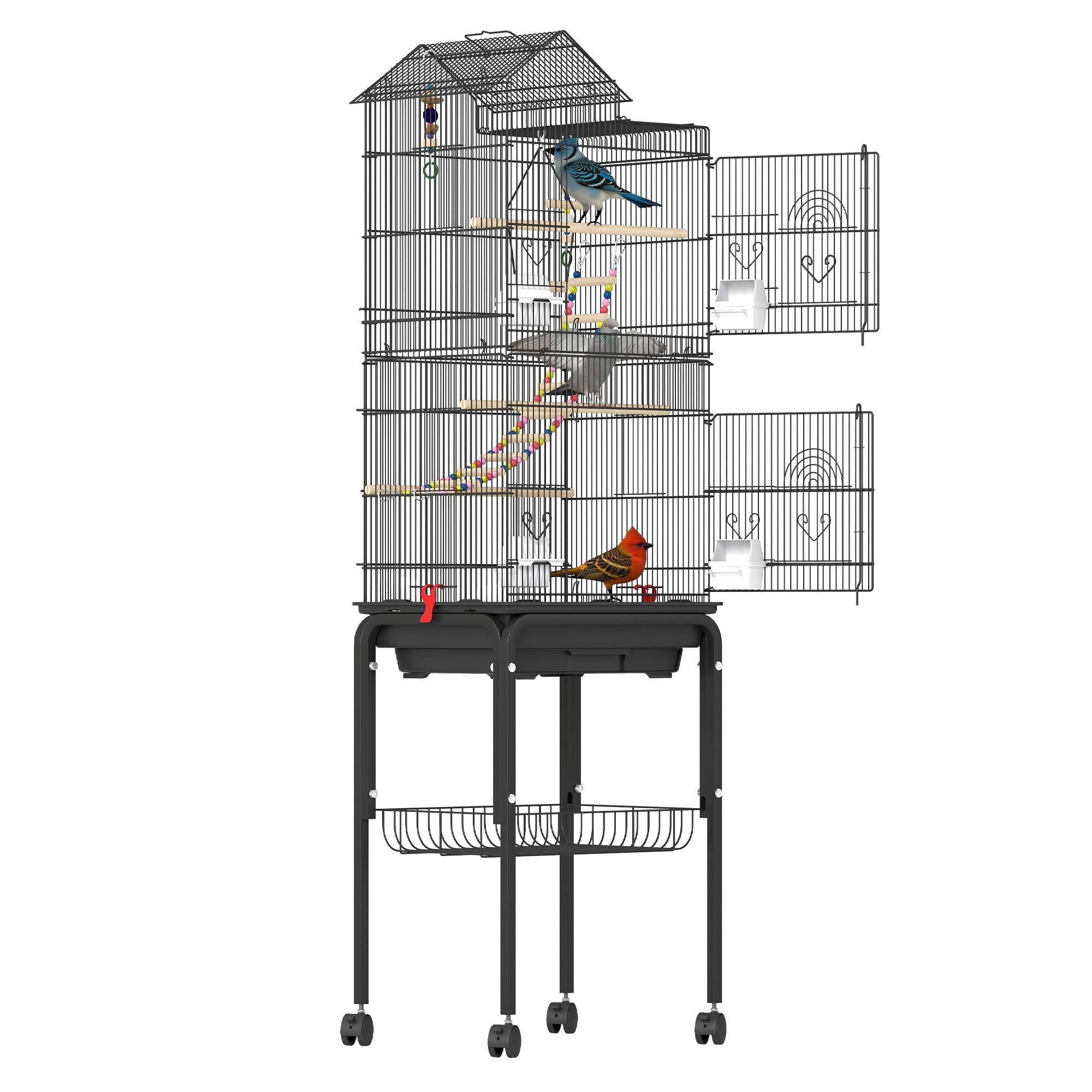 Uforic 62" Large Metal Bird cage with Rolling Stand, Slide-Out Tray,3 Perches and 4 Feeders, Black