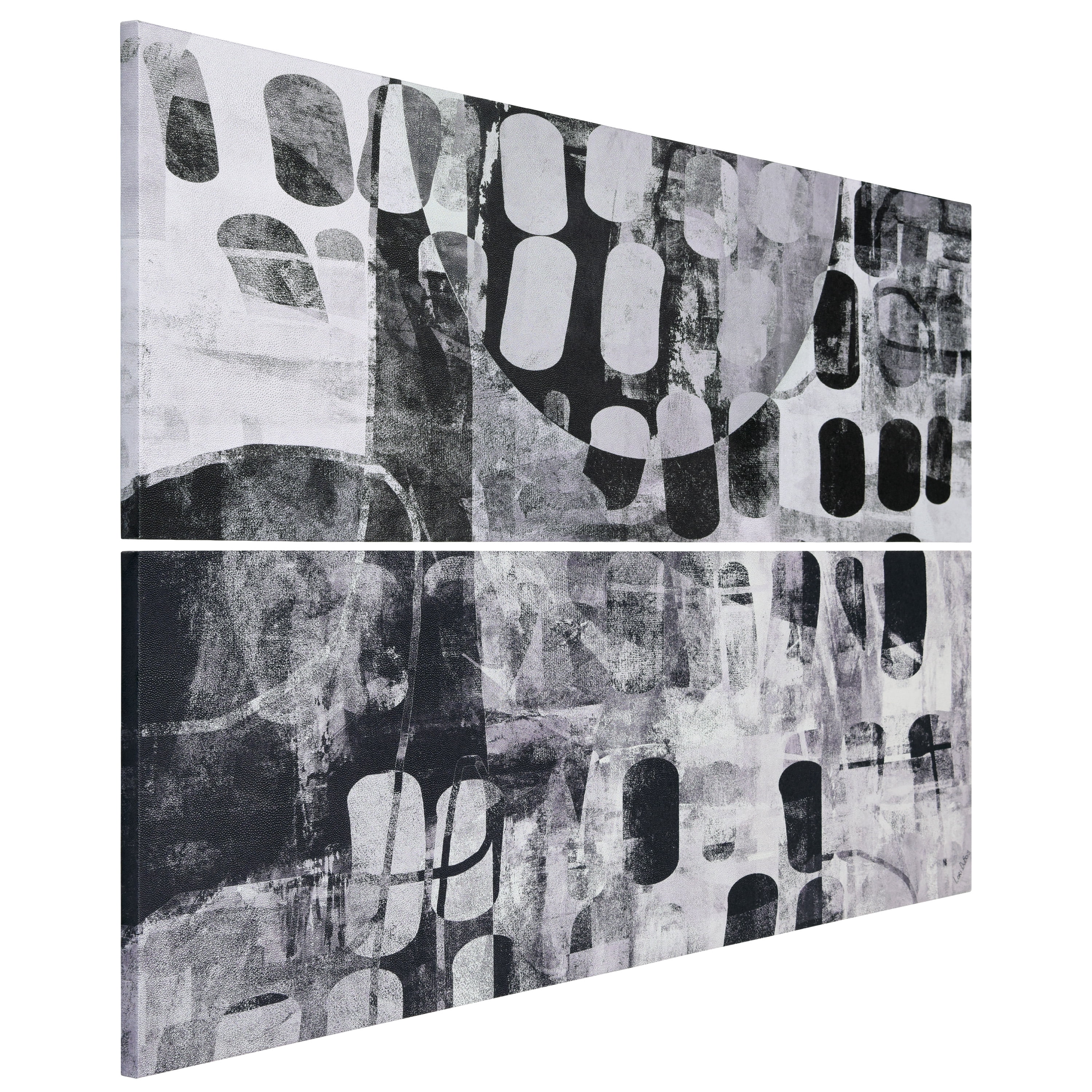 "Monochrome Abstract I & II", Black&White Artwork on Silver Shagreen Wrapped Canvas Wall Art Set, sized 72"x22"