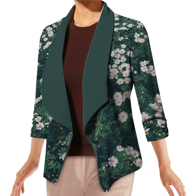 Sacos y Chaquetas de traje Chaqueta de traje de trabajo de solapa informal con estampado elegante de manga larga para mujer, abrigo, prendas de vestir, ropa informal,temperamento blazer(Verde, 4XL)